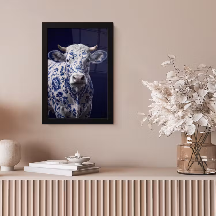 Koe - Delfts - Blauw - Artistiek fotolijst zwart zonder passe partout klein -sfeer5