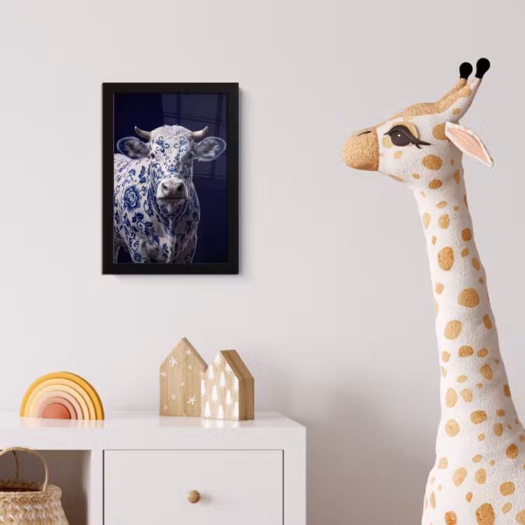 Koe - Delfts - Blauw - Artistiek fotolijst zwart zonder passe partout klein -usfeer4_kinderkamer