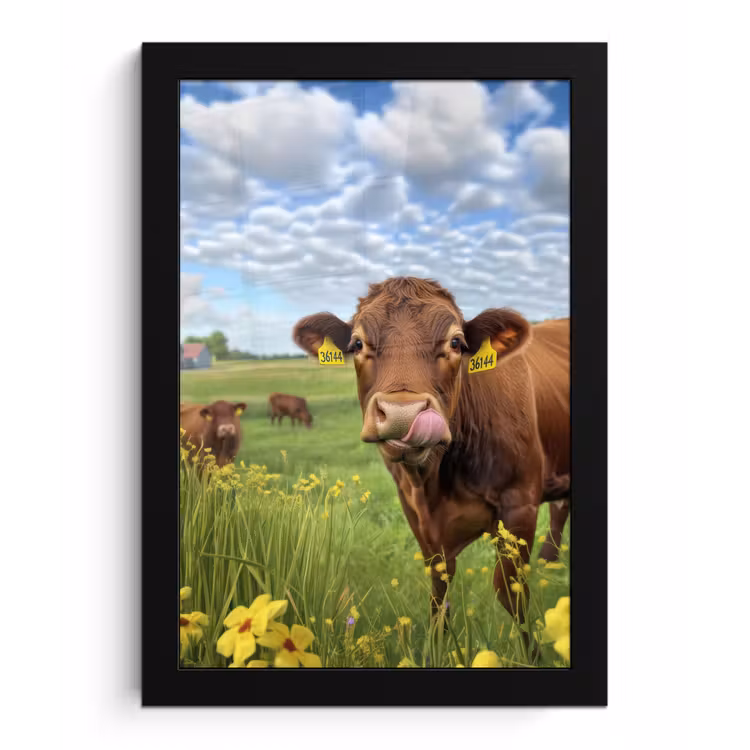 Koe - Weide - Bloemen fotolijst zwart zonder passe partout klein -3d