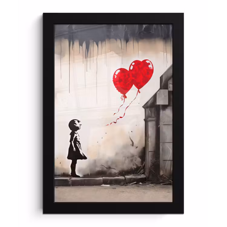 Kunst - Meisje - Ballonnen - Hart - Grijs fotolijst zwart zonder passe partout klein -3d