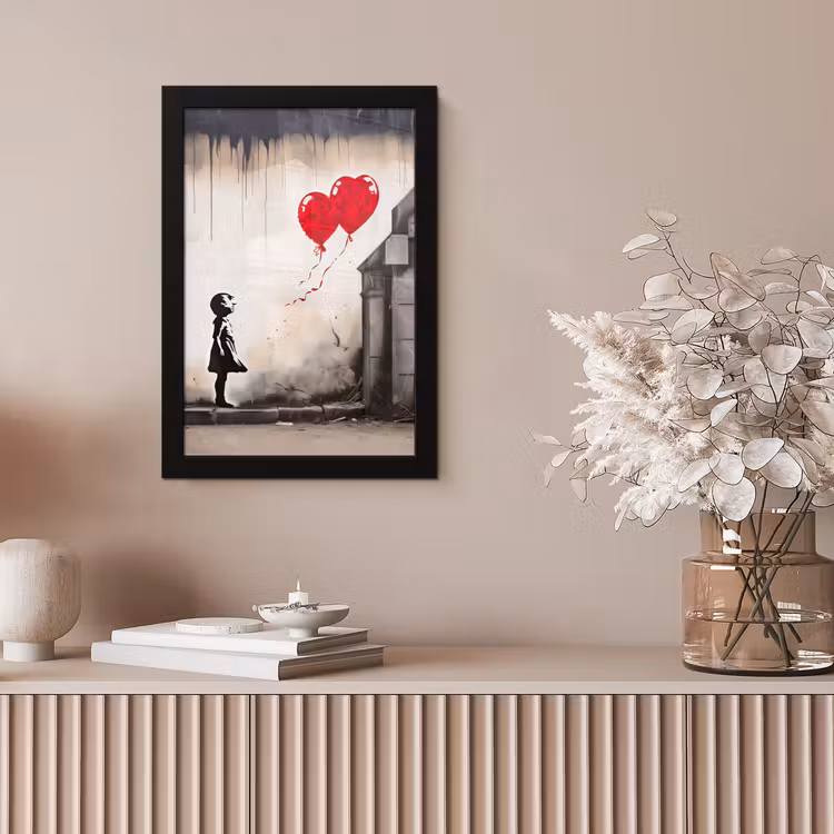 Kunst - Meisje - Ballonnen - Hart - Grijs fotolijst zwart zonder passe partout klein -sfeer5