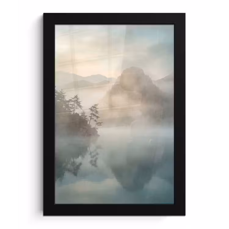 Landschap - Bergen - Mist - Water - Natuur fotolijst zwart zonder passe partout klein -3d