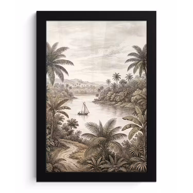 Landschap - Rivier - Boot - Tropisch - Vintage fotolijst zwart zonder passe partout klein -3d