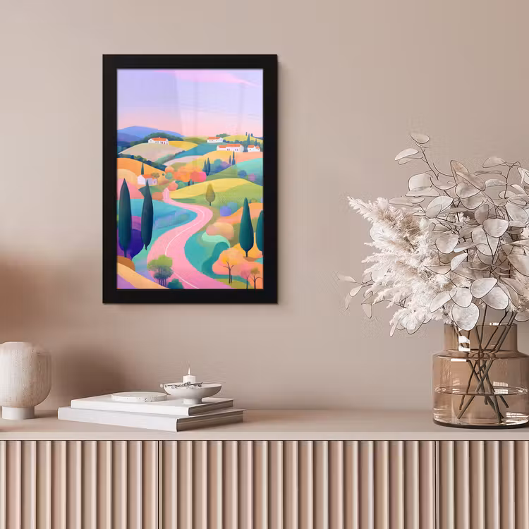 Landschap - Paars - Pastel - Huizen fotolijst zwart zonder passe partout klein -sfeer5