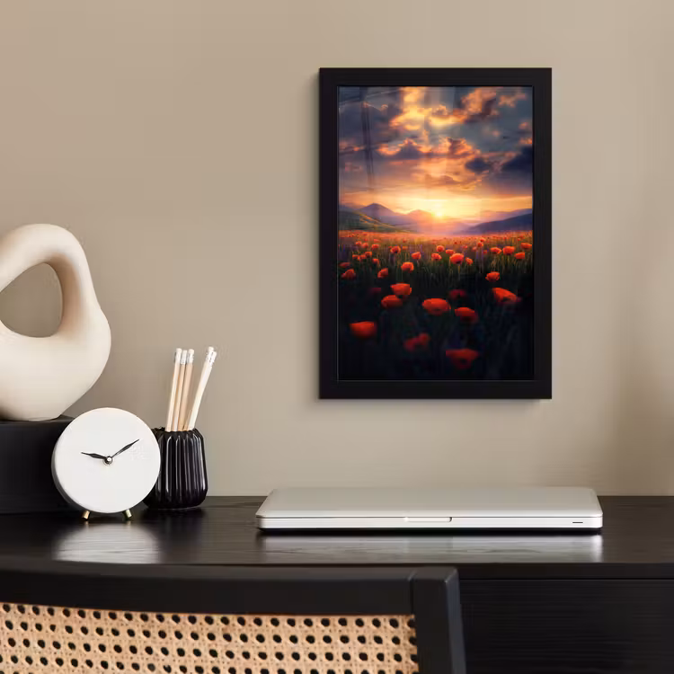 Landschap - Zonsondergang - Bloemenveld fotolijst zwart zonder passe partout klein -sfeer1