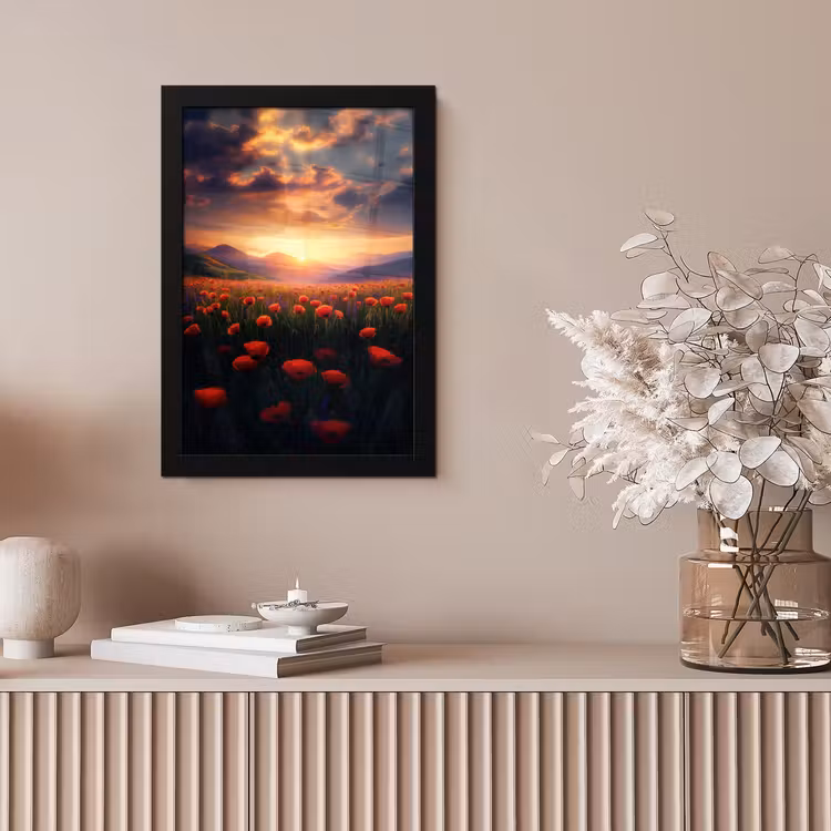 Landschap - Zonsondergang - Bloemenveld fotolijst zwart zonder passe partout klein -sfeer5