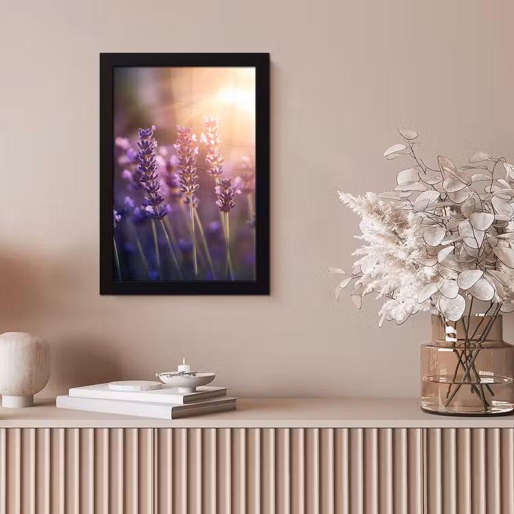 Lavendelbloemen - Paars - Zonlicht fotolijst zwart zonder passe partout klein -sfeer5
