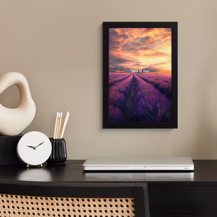Lavendelveld - Quote - Zonsondergang fotolijst zwart zonder passe partout klein -sfeer1
