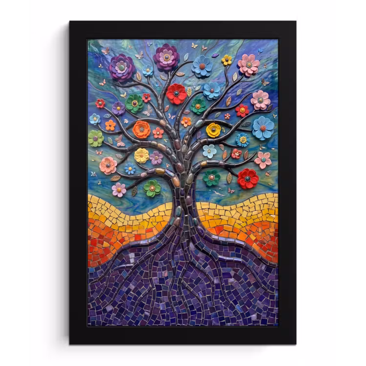 Levensboom - Mozaïek - Bloemen - Kleurrijk - Vrolijk fotolijst zwart zonder passe partout klein -3d