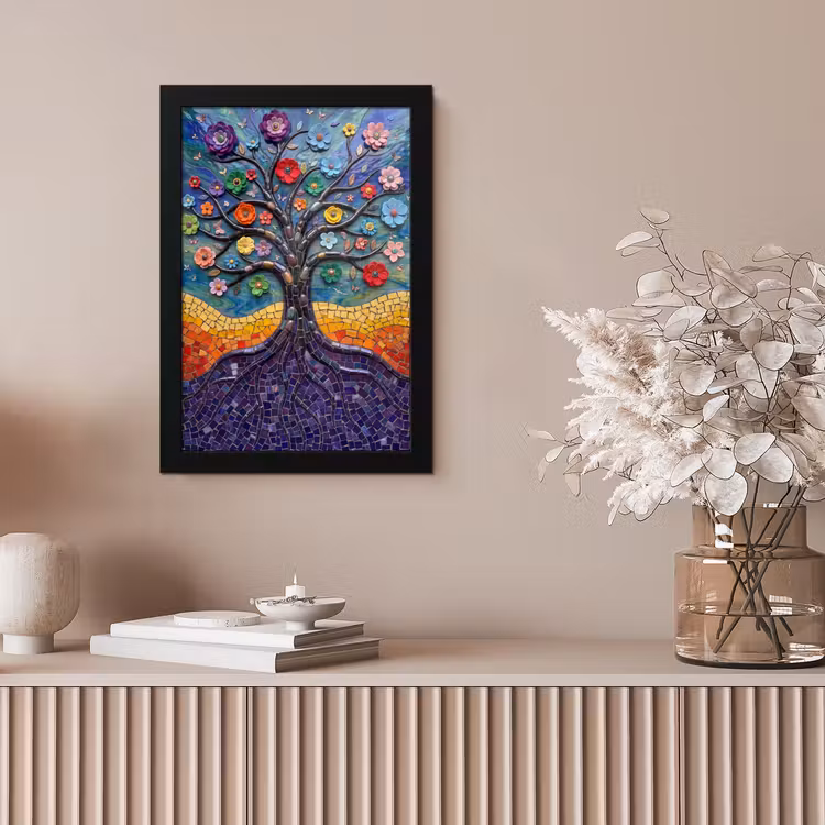 Levensboom - Mozaïek - Bloemen - Kleurrijk - Vrolijk fotolijst zwart zonder passe partout klein -sfeer5