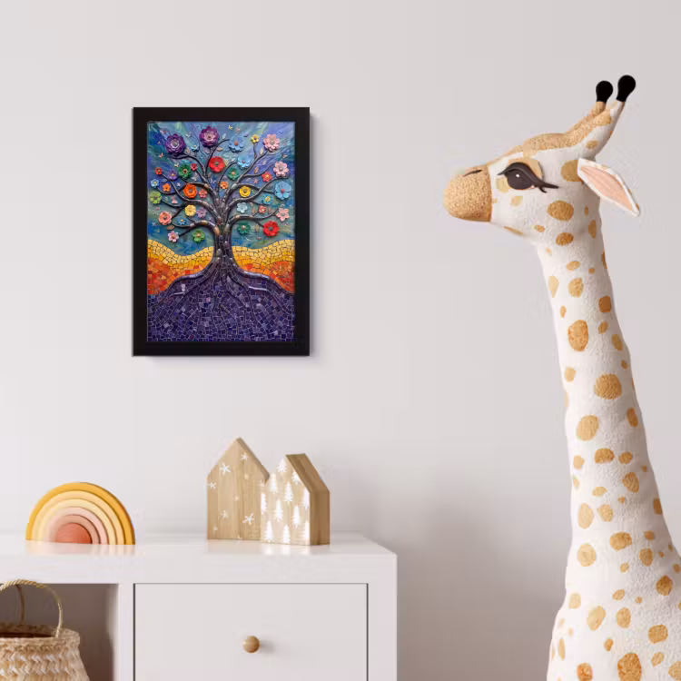 Levensboom - Mozaïek - Bloemen - Kleurrijk - Vrolijk fotolijst zwart zonder passe partout klein -usfeer4_kinderkamer