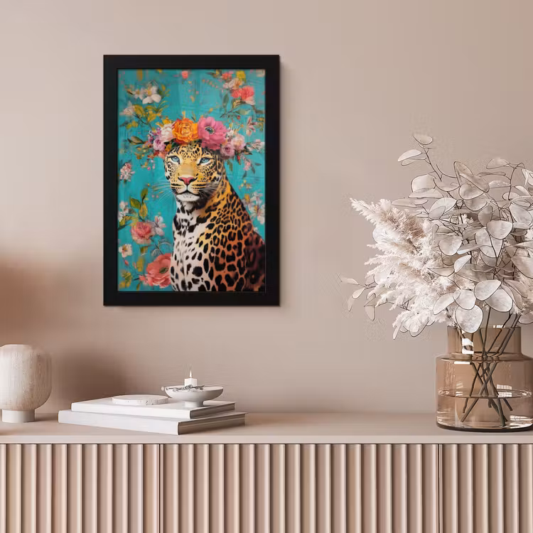Luipaard - Bloemen - Kroon fotolijst zwart zonder passe partout klein -sfeer5