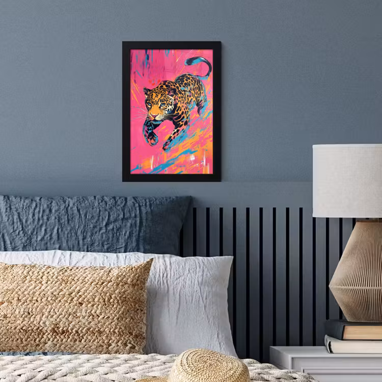 Luipaard - Roze - Oranje - Blauw - Verf fotolijst zwart zonder passe partout klein -sfeer3