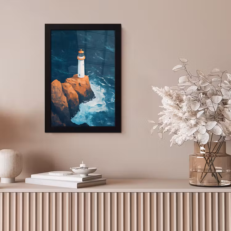 Vuurtoren - Rots - Zee - Golven fotolijst zwart zonder passe partout klein -sfeer5