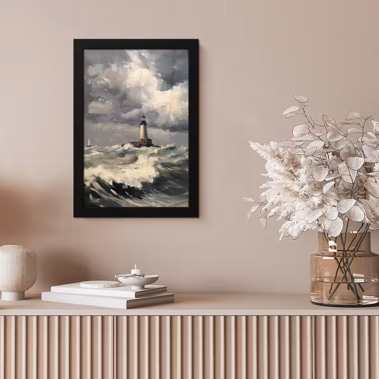Vuurtoren - Golven - Storm fotolijst zwart zonder passe partout klein -sfeer5