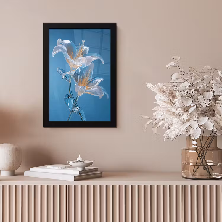 Lelies - Blauw - Glazen fotolijst zwart zonder passe partout klein -sfeer5