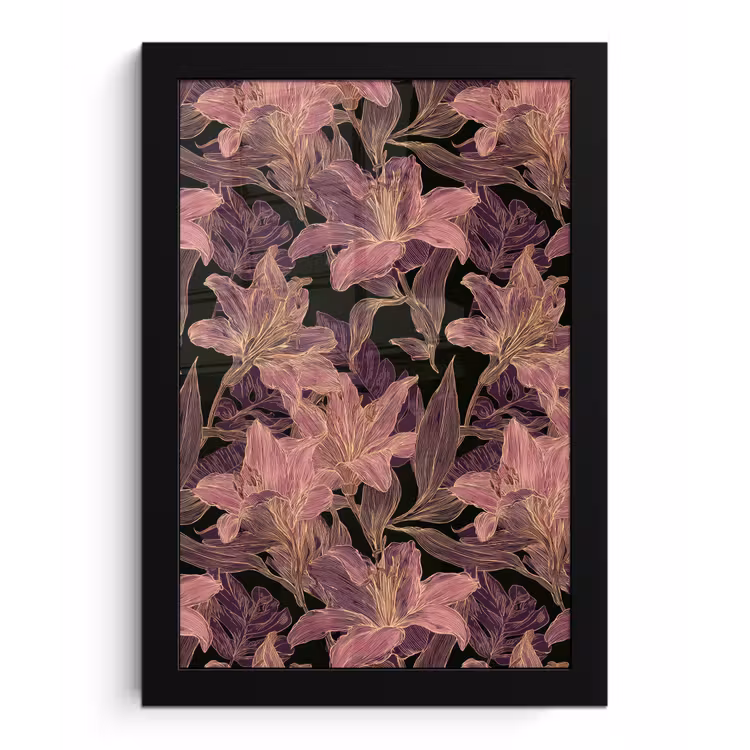 Lelies - Patroon - Paars - Goud fotolijst zwart zonder passe partout klein 224 -3d