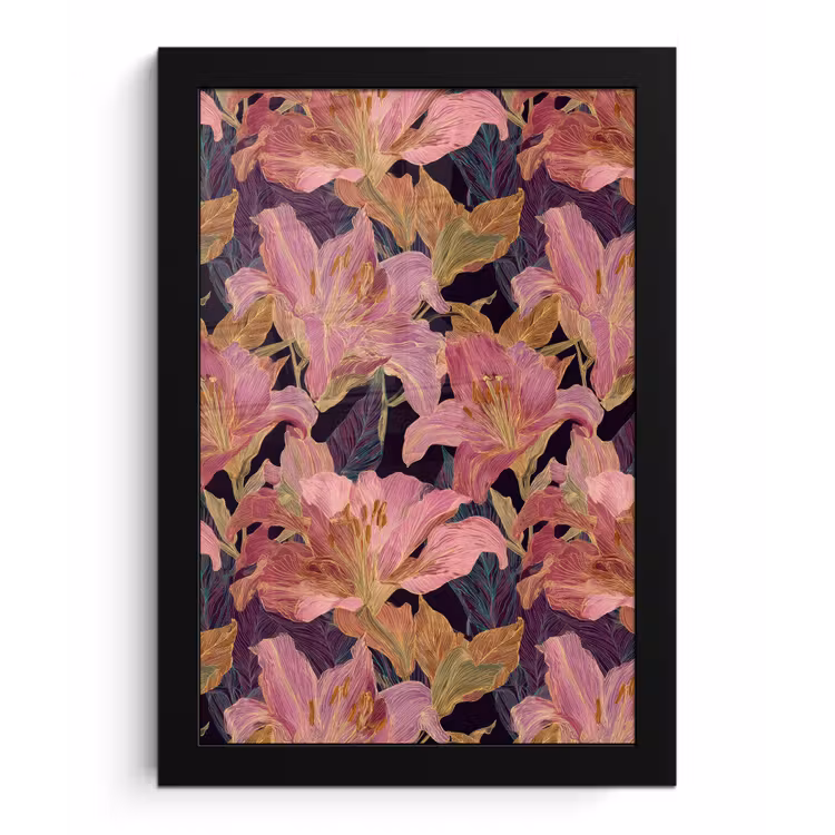 Lelies - Patroon - Roze - Goud fotolijst zwart zonder passe partout klein 224 -3d