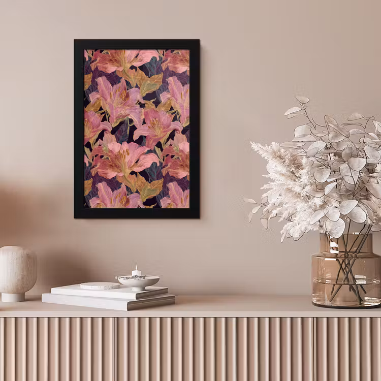 Lelies - Patroon - Roze - Goud fotolijst zwart zonder passe partout klein 224 -sfeer5