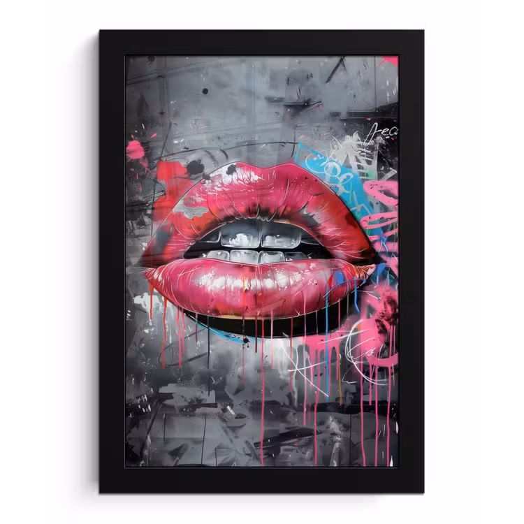 Lippen - Felroze - Graffiti - Verfstrepen fotolijst zwart zonder passe partout klein -3d