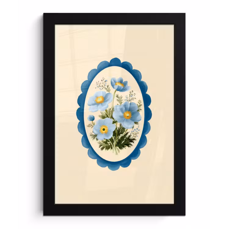 Lijst - Bloemen - Lichtblauw - Illustratie fotolijst zwart zonder passe partout klein -3d
