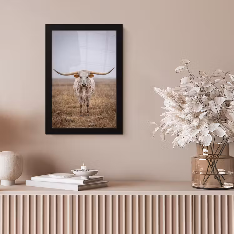 Longhorn - Grasveld - Dier fotolijst zwart zonder passe partout klein -sfeer5