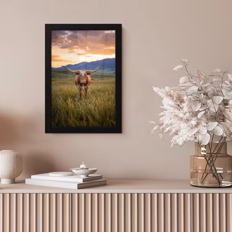 Longhorn - Landschap - Zonsondergang fotolijst zwart zonder passe partout klein -sfeer5
