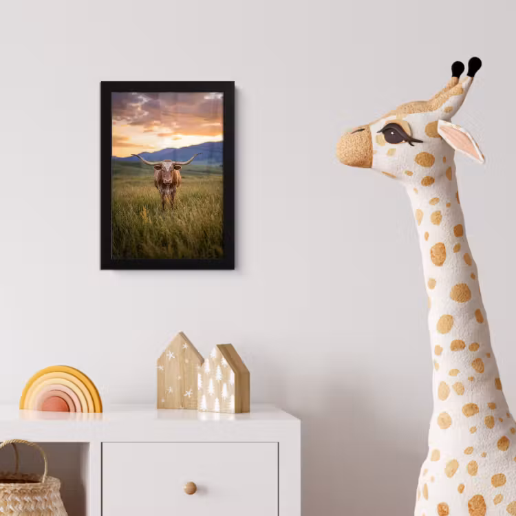 Longhorn - Landschap - Zonsondergang fotolijst zwart zonder passe partout klein -usfeer4_kinderkamer