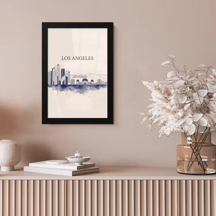 Los Angeles - Skyline - Architectuur - Aquarel - Blauw fotolijst zwart zonder passe partout klein -sfeer5
