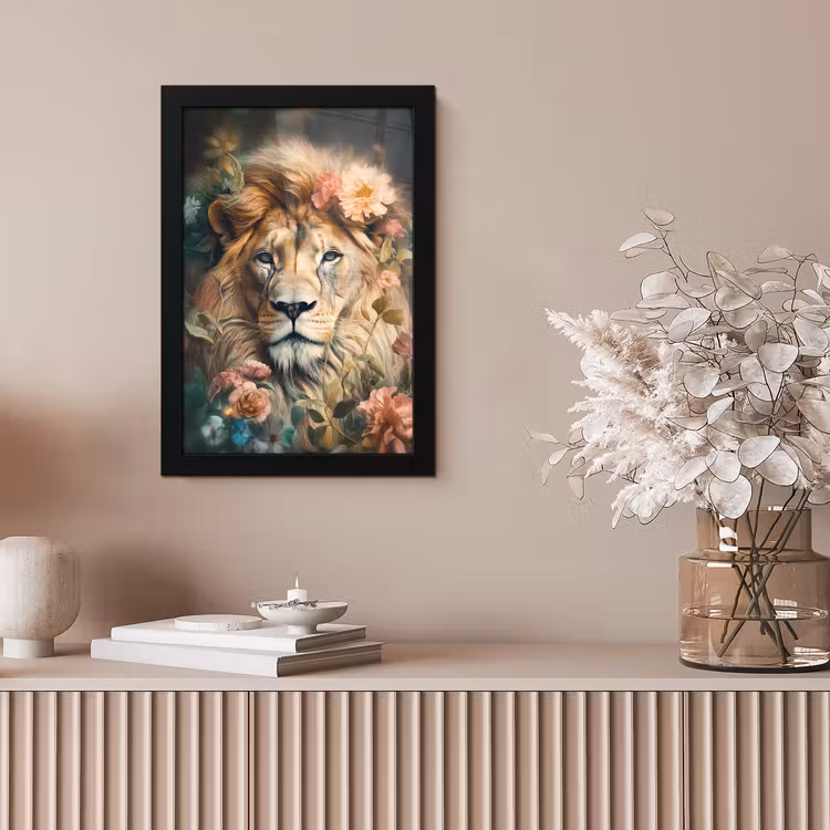 Leeuw - Leeuwenkop - Wilde dieren - Bloemen fotolijst zwart zonder passe partout klein -sfeer5