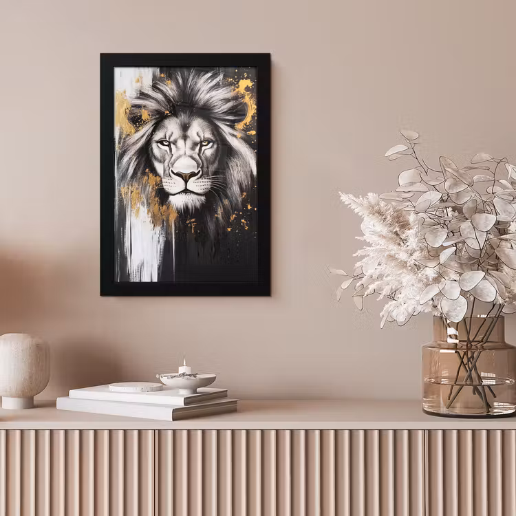 Leeuw - Portret - Verfspatten - Grijs fotolijst zwart zonder passe partout klein -sfeer5