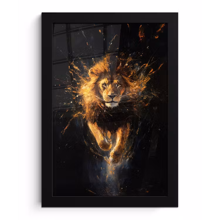 Leeuw - Zwart - Oranje - Verf fotolijst zwart zonder passe partout klein -3d