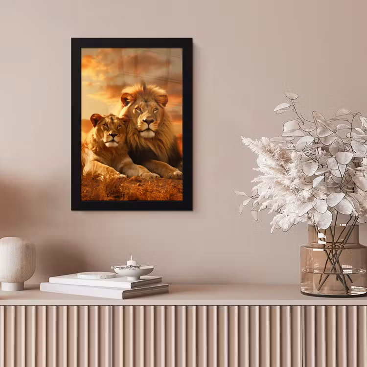 Leeuwen - Zonsondergang - Afrika - Savanne - Dieren fotolijst zwart zonder passe partout klein -sfeer5