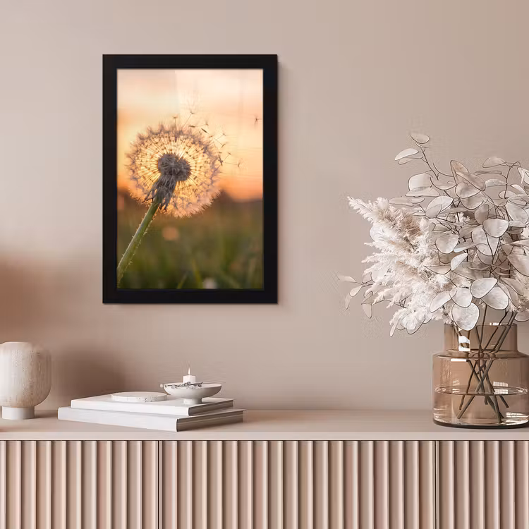 Paardenbloem - Zonsondergang - Veld fotolijst zwart zonder passe partout klein -sfeer5