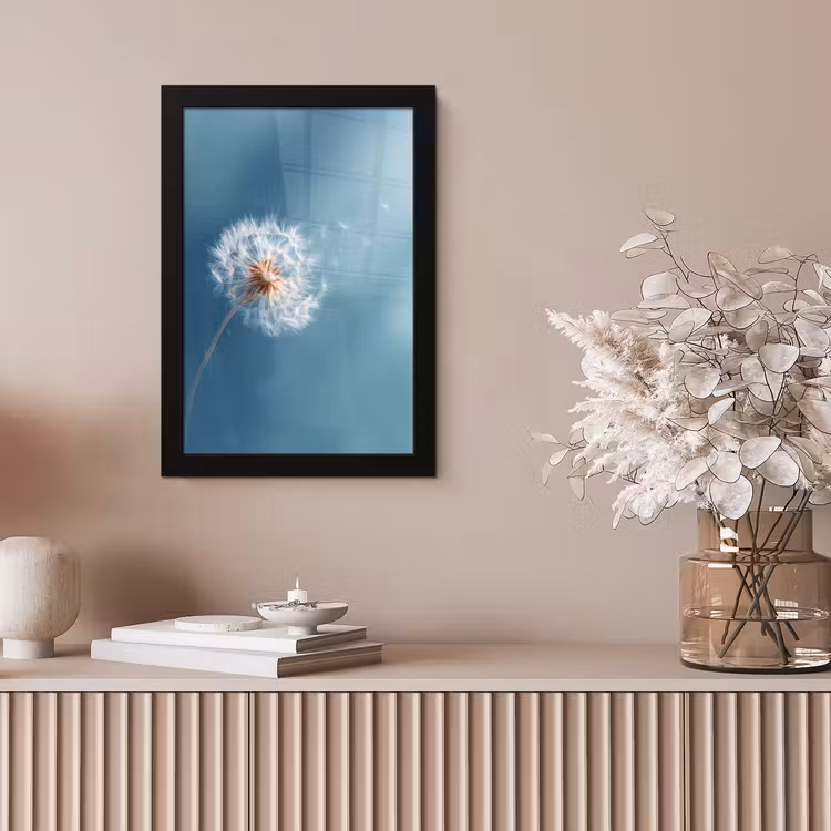 Paardenbloem - Wind - Blauw fotolijst zwart zonder passe partout klein -sfeer5