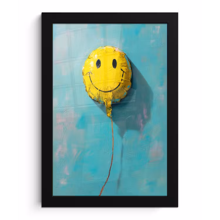 Ballon - Geel - Smiley fotolijst zwart zonder passe partout klein -3d