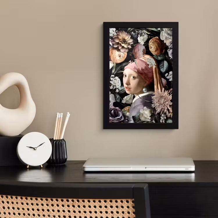 Meisje met de parel - Bloemen - Vermeer - Pastel - Kunstwerk - Schilderij - Oude meesters fotolijst zwart zonder passe partout klein -sfeer1