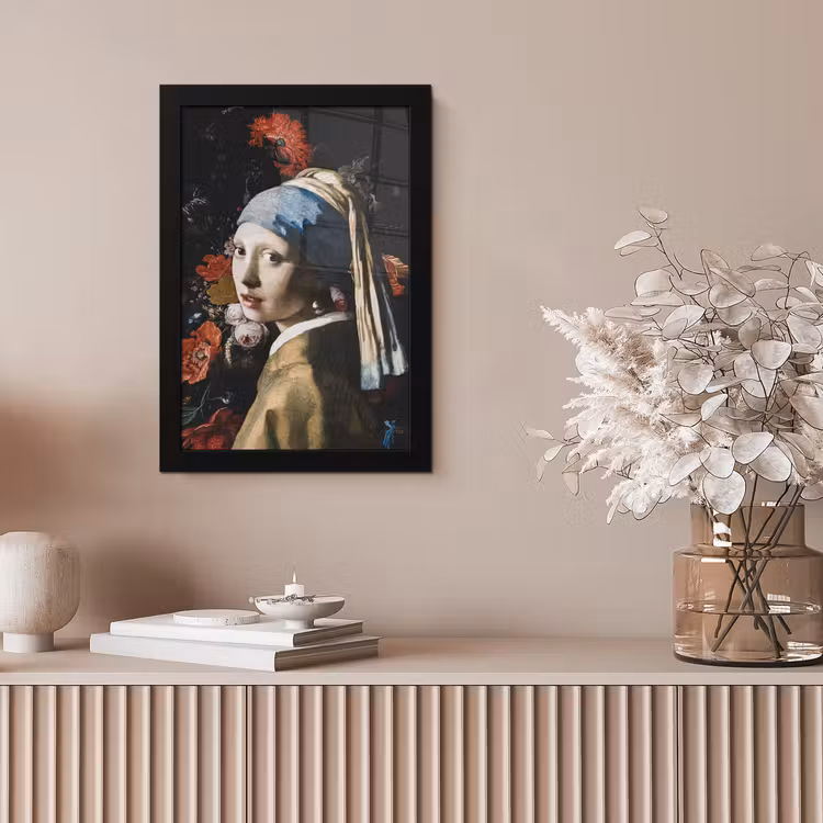 Meisje met de parel - Johannes Vermeer - Bloemen - Rood fotolijst zwart zonder passe partout klein -sfeer5