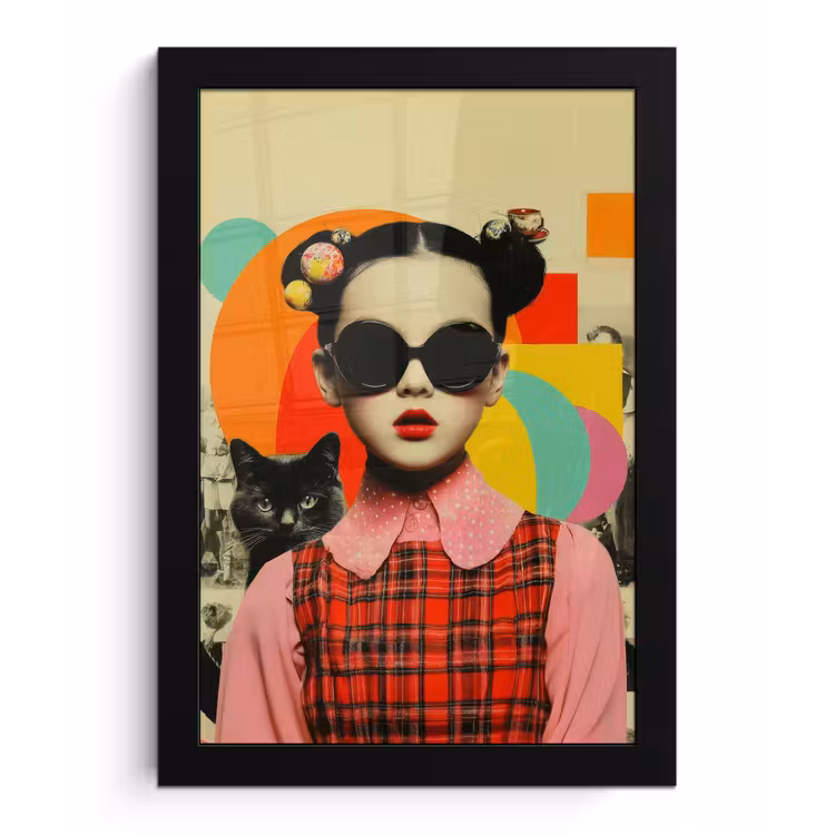 Meisje - Zonnebril - Kat - Retro fotolijst zwart zonder passe partout klein -3d