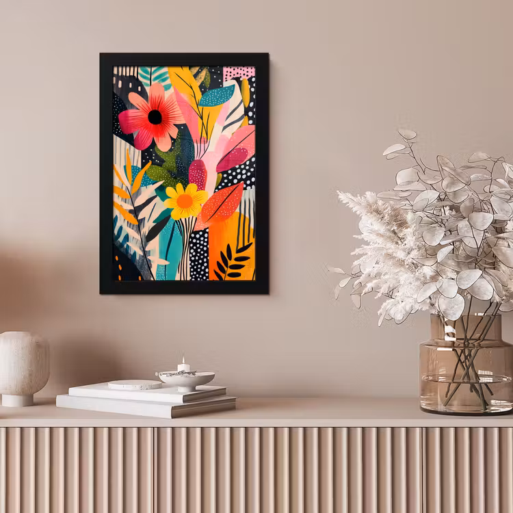 Schilderij - Abstract - Bloemen - Roze fotolijst zwart zonder passe partout klein -sfeer5