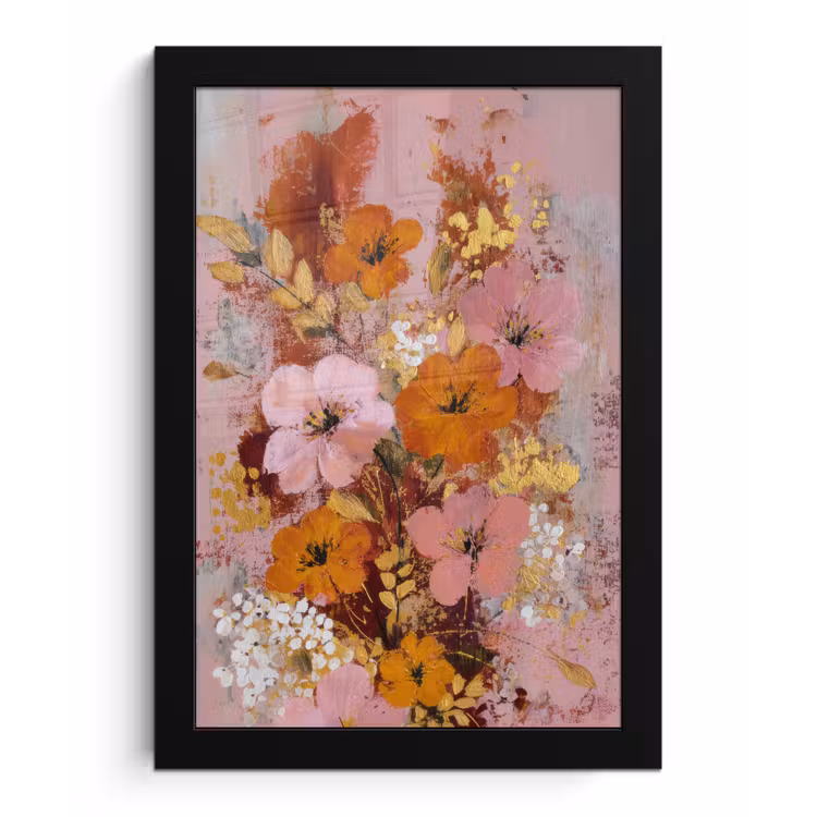 Schilderij - Bloemen - Rustiek - Roze fotolijst zwart zonder passe partout klein -3d