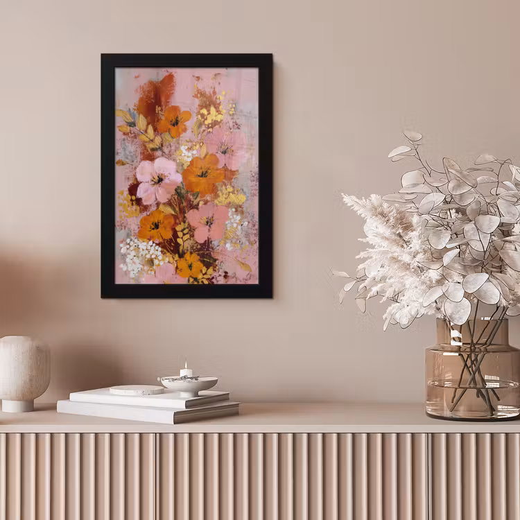 Schilderij - Bloemen - Rustiek - Roze fotolijst zwart zonder passe partout klein -sfeer5