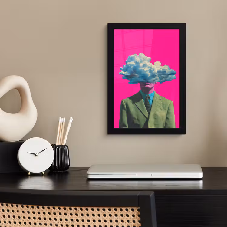 Man - Pak - Wolk - Roze fotolijst zwart zonder passe partout klein -sfeer1