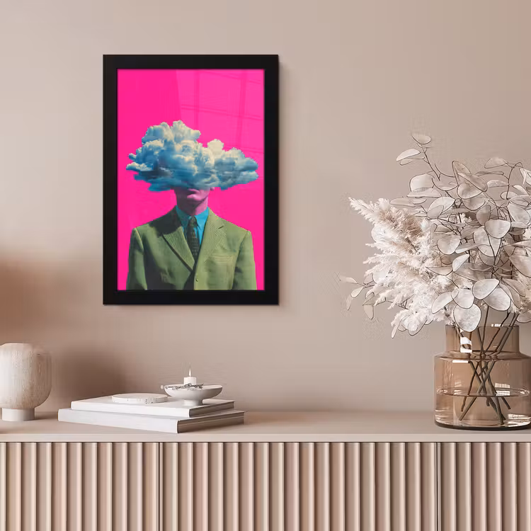 Man - Pak - Wolk - Roze fotolijst zwart zonder passe partout klein -sfeer5