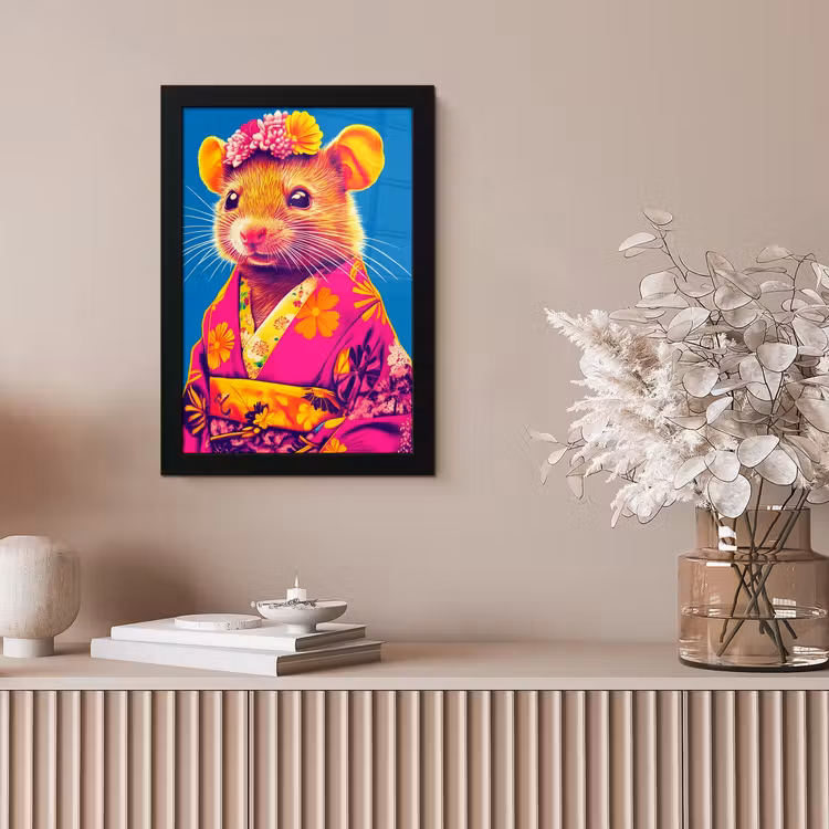 Muis - Kimono - Bloemen - Blauw fotolijst zwart zonder passe partout klein -sfeer5