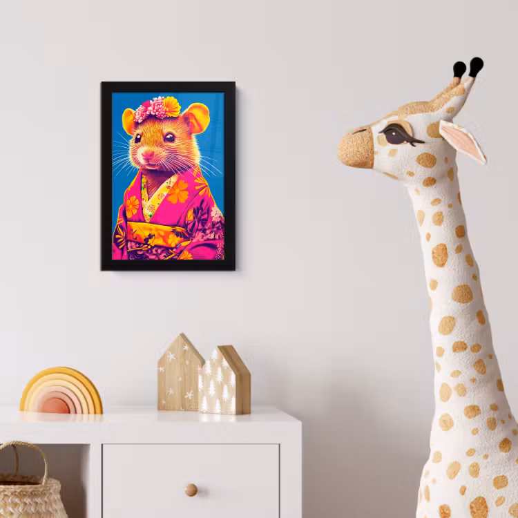 Muis - Kimono - Bloemen - Blauw fotolijst zwart zonder passe partout klein -usfeer4_kinderkamer