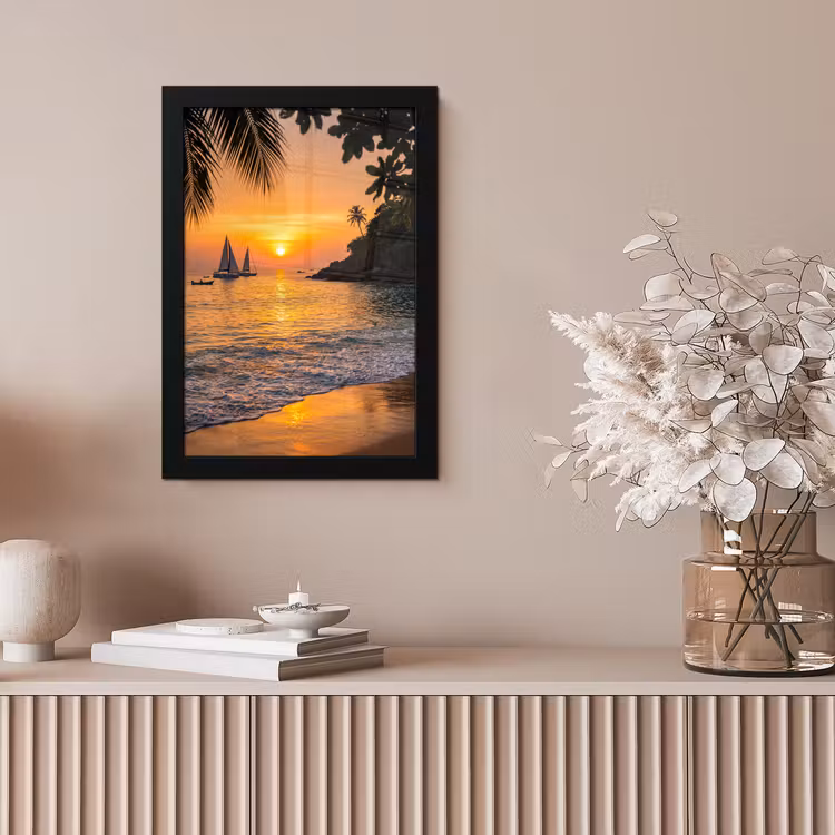 Zee - Zonsondergang - Boot - Natuur - Oranje fotolijst zwart zonder passe partout klein -sfeer5