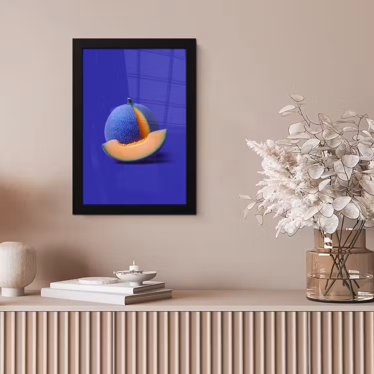 Meloen - Blauw - Oranje - Kunstzinnig fotolijst zwart zonder passe partout klein -sfeer5