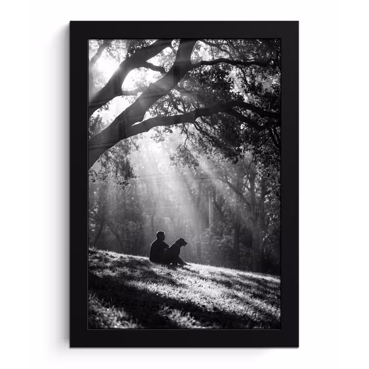 Mens - Hond - Natuur - Zwart-wit - Silhouet fotolijst zwart zonder passe partout klein -3d