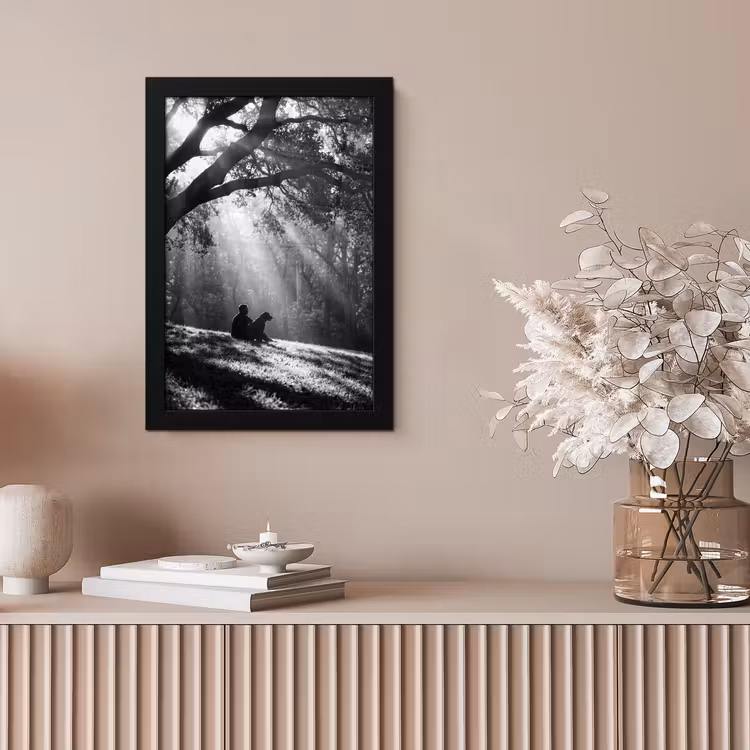 Mens - Hond - Natuur - Zwart-wit - Silhouet fotolijst zwart zonder passe partout klein -sfeer5